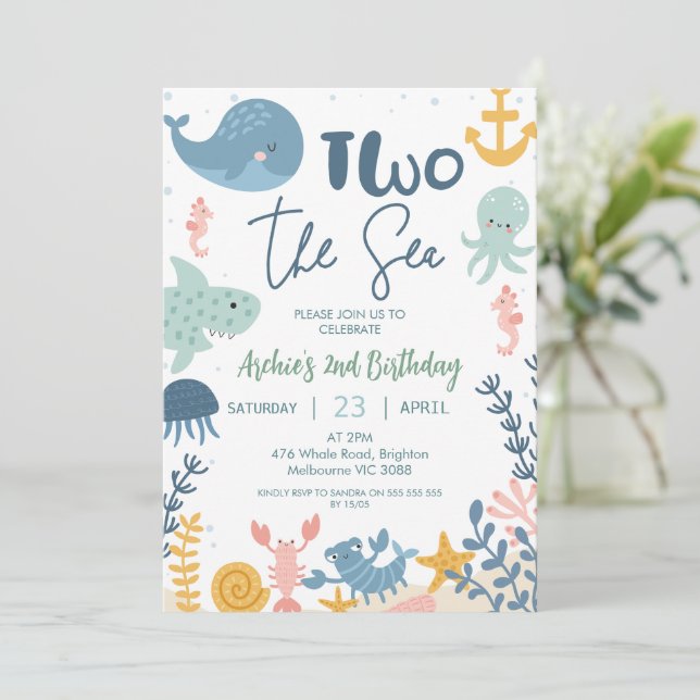 Convites Blue Green Photo Boys 2 The Sea Birthday (Em pé/Frente)