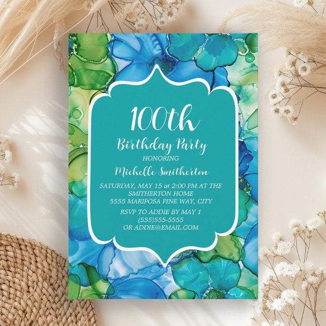 Convites Blue Green Teal Watercolor 100º aniversário (Blue and green alcohol ink 100th birthday party invitation)