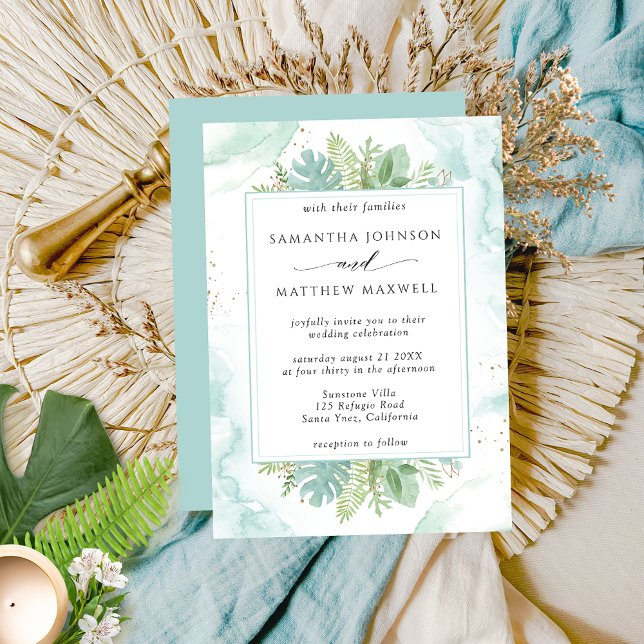 Convites Blue Green Watercolor e Greenery Wedding (Criador carregado)