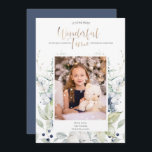 Convites Blue Green White Winter Floral Photo Christmas<br><div class="desc">Tão diferente de seus cartões de natal padrão e tradicionais - sua foto está coberta de flocos de neve delicados e cercada por um quadro de flores de inverno em tons de branco, creme, verde-sábio e azul empoeirado. O texto é uma mistura de lindas caligrafias manuscritas e fontes modernas em...</div>