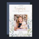 Convites Blue Green White Winter Floral Photo Christmas<br><div class="desc">Tão diferente de seus cartões de natal padrão e tradicionais - sua foto está coberta de flocos de neve delicados e cercada por um quadro de flores de inverno em tons de branco, creme, verde-sábio e azul empoeirado. O texto é uma mistura de lindas caligrafias manuscritas e fontes modernas em...</div>