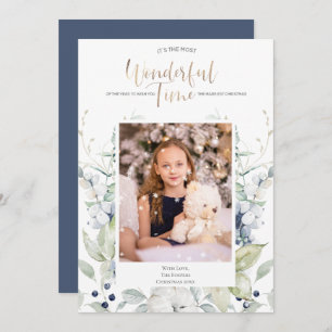 Convites Blue Green White Winter Floral Photo Christmas