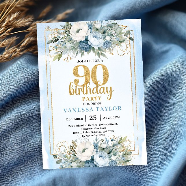 Convites Blue Greenery Gold Glitter 90th Birthday Invites (Blue Greenery Gold Glitter 90th Birthday Invitation)