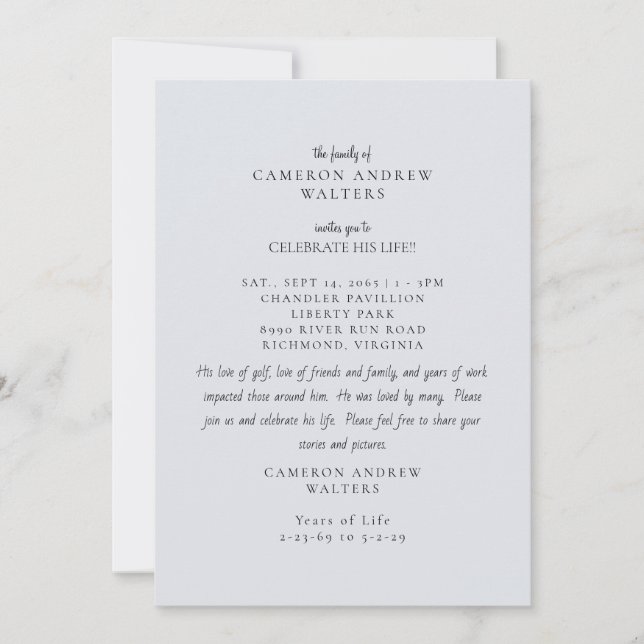 Convites Blue Grey Photo Celebration of Life (Frente)