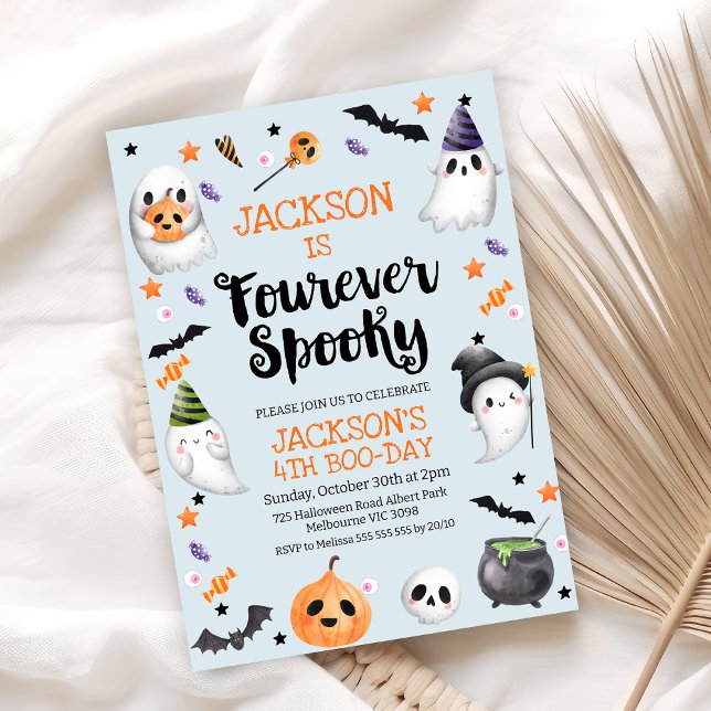 Convites Blue Halloween Fouever Spooky 4º aniversário (Blue Fourever Spooky Halloween 4th Birthday Invitation Boy, Halloween 4th Birthday Invite, Ghosts)