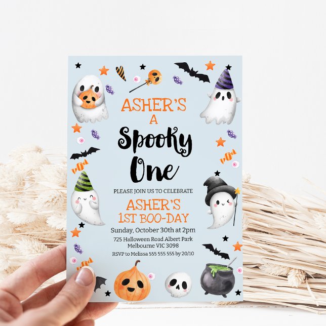 Convites Blue Halloween Spooky One primeiro aniversario (Blue Halloween Spooky One 1st Birthday Invitation Boy, Halloween First Birthday Invitation, Pastle)