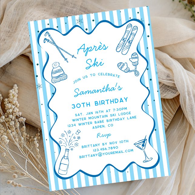 Convites Blue Hand Drawn Apres Ski Winter Birthday Party  (Criador carregado)