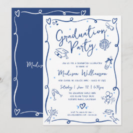 Convites Blue Hand Drawn Doodles Graduation Fun White Party