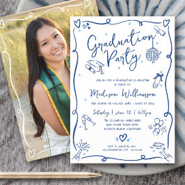 Convites Blue Hand Drawn Doodles Photo Graduation Party