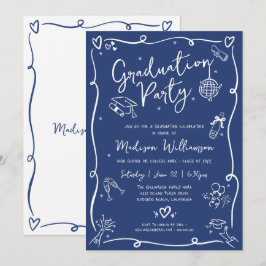Convites Blue Hand Drawn Doodles Style Fun Graduation Party