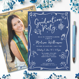 Convites Blue Hand Drawn Doodles Style Photo Graduate Party