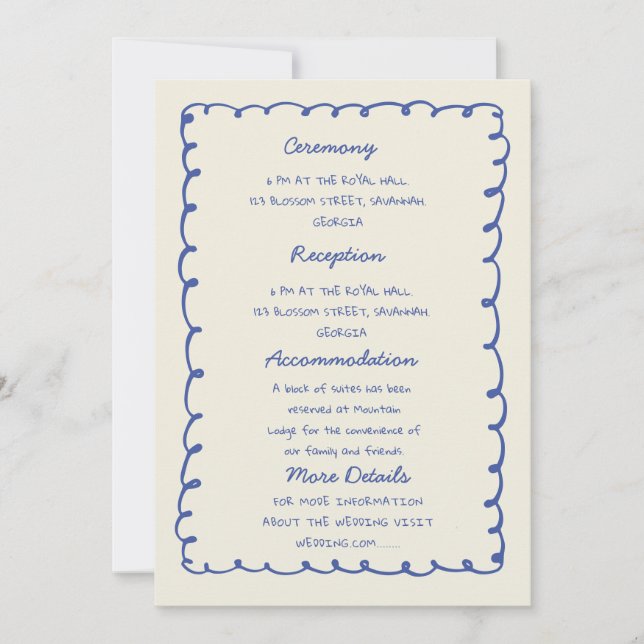 Convites Blue hand drawn heart Whimsical Wedding details (Frente)