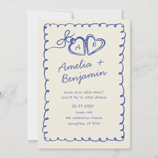 Convites Blue hand drawn heart Whimsical Wedding  Invitati (Frente)