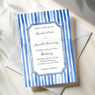 Convites Blue hand drawn vintage stripes wedding