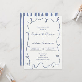 Convites Blue  Hand Written Pinstripes Whimsical Wedding