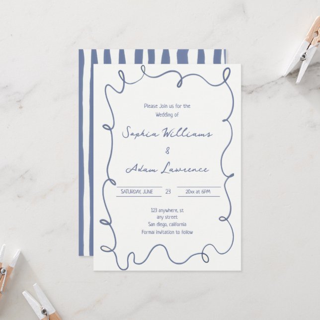 Convites Blue  Hand Written Pinstripes Whimsical Wedding (Frente/Verso In Situ)