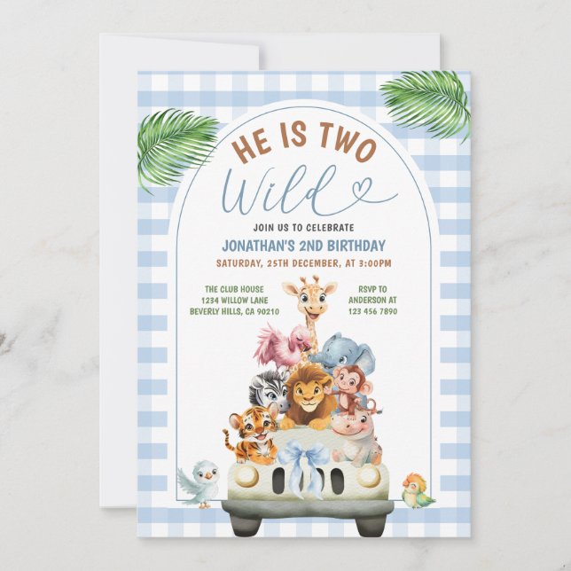 Convites Blue He is Two Wild Safari Animals Birthday Party (Frente)