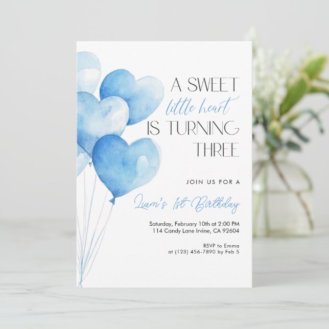 Convites Blue Heart Balloon 3rd Birthday (Em pé/Frente)