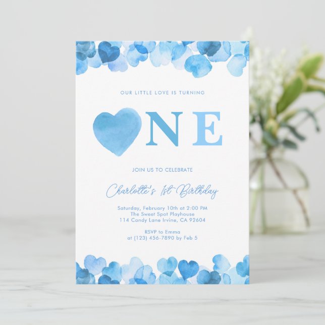 Convites Blue Heart One First Birthday Valentines (Em pé/Frente)