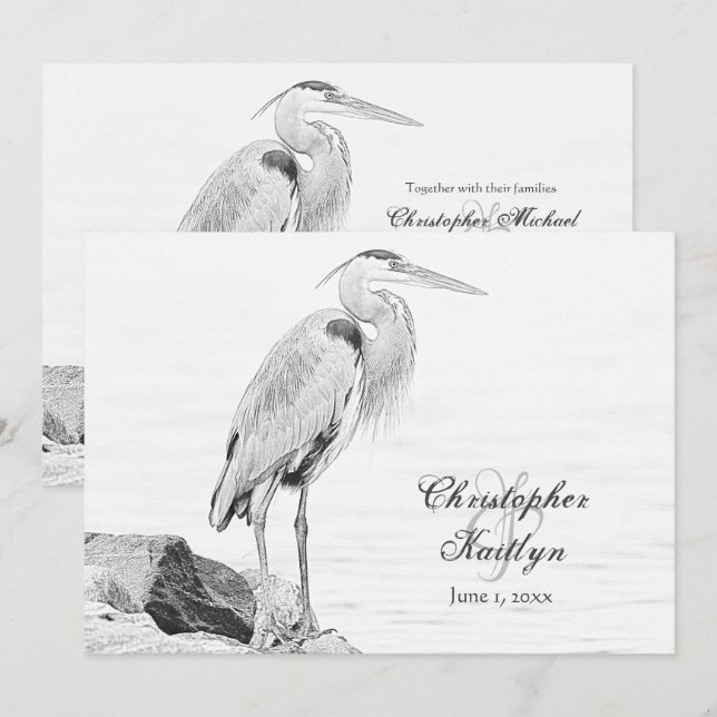 Convites Blue Heron e Rocks, Casamento de Sketch de Aves Aq (Frente/Verso)