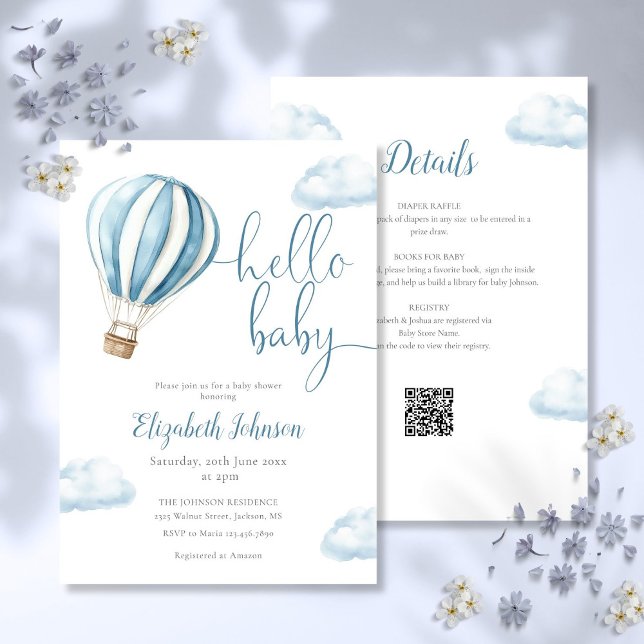 Convites Blue Hot Air Balloon Boy All In One Chá de fraldas (Blue Hot Air Balloon Boy All In One Baby Shower Invitation)