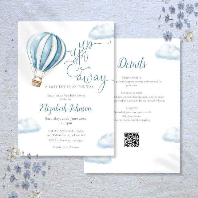 Convites Blue Hot Air Balloon Boy All In One Chá de fraldas (Blue Hot Air Balloon Boy All In One Baby Shower Invitation)