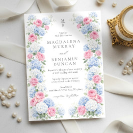 Convites Blue Hydrangea and Pink Rose Floral Garden Wedding