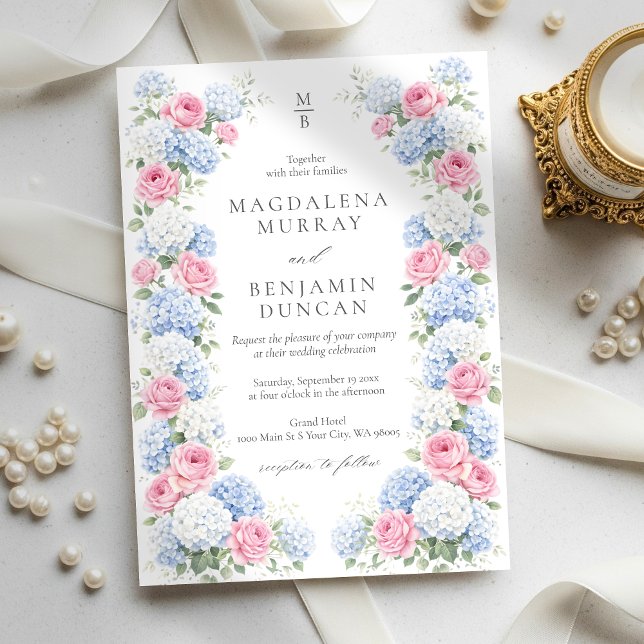 Convites Blue Hydrangea and Pink Rose Floral Garden Wedding (Criador carregado)