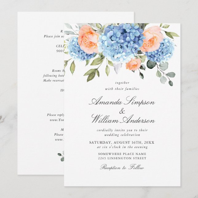 Convites Blue Hydrangea Blush Roses Rosa Casando Tudo Em Um (Frente/Verso)