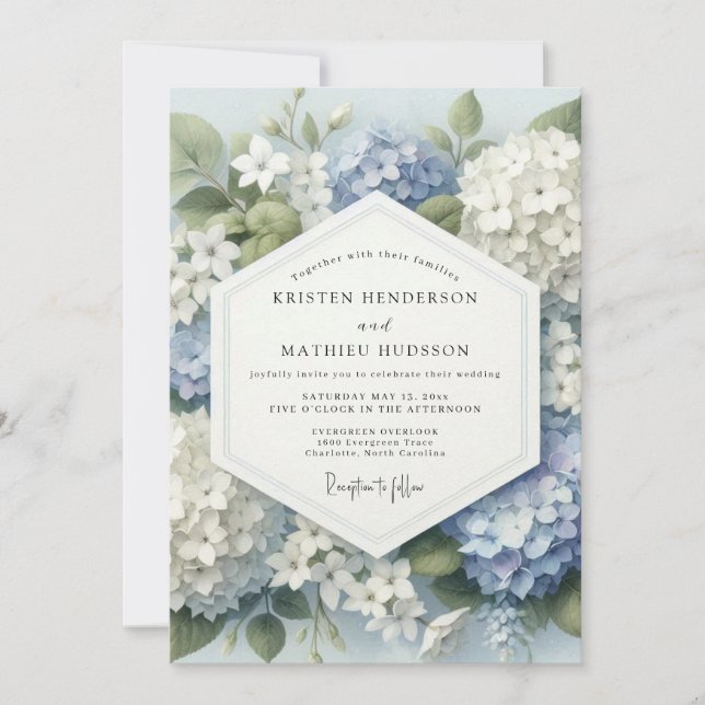 Convites Blue Hydrangea Botanical Bloom Wedding (Frente)