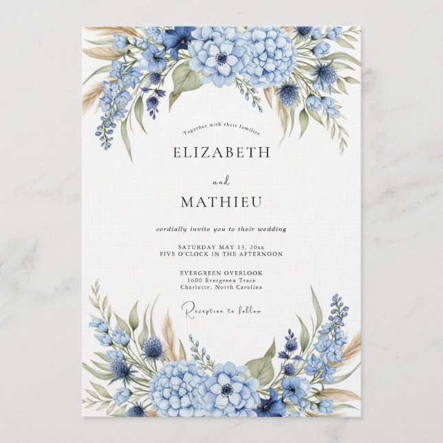 Convites Blue Hydrangea Botanical Wedding (Frente)