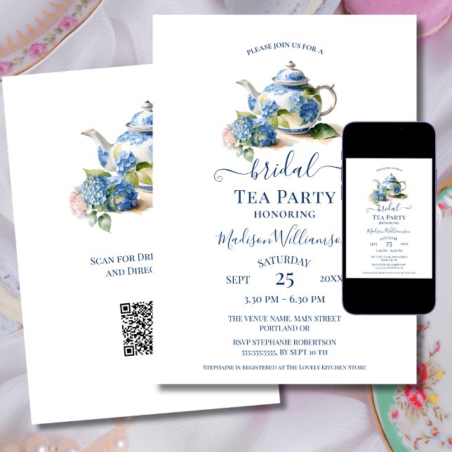 Convites Blue Hydrangea Bridal Tea Party Código QR (Criador carregado)