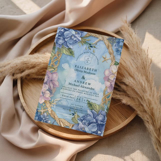 Convites Blue Hydrangea Coastal Rope Wedding (Criador carregado)