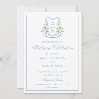 Convites Blue Hydrangea Crest Monogram Wedding Invitation