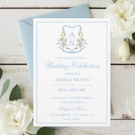Convites Blue Hydrangea Crest Monogram Wedding Invitation