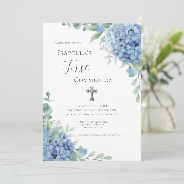 Convites Blue Hydrangea First Communion Religious  (Em pé/Frente)