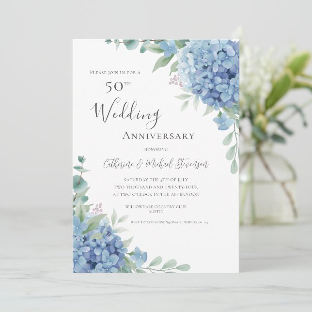 Convites Blue Hydrangea Floral 50th Wedding Anniversary (Em pé/Frente)