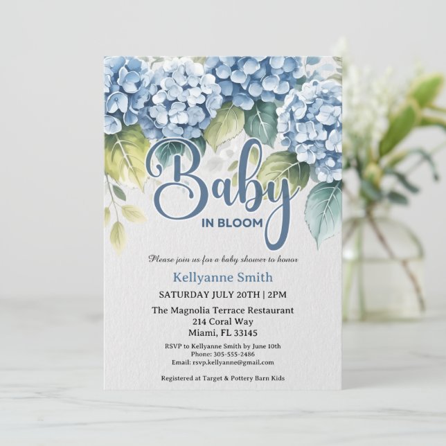 Convites Blue Hydrangea Floral "Baby In Bloom" Shower (Em pé/Frente)