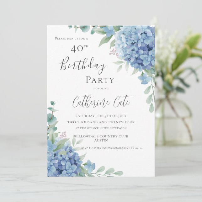 Convites Blue Hydrangea Floral Elegant 40th Birthday (Em pé/Frente)
