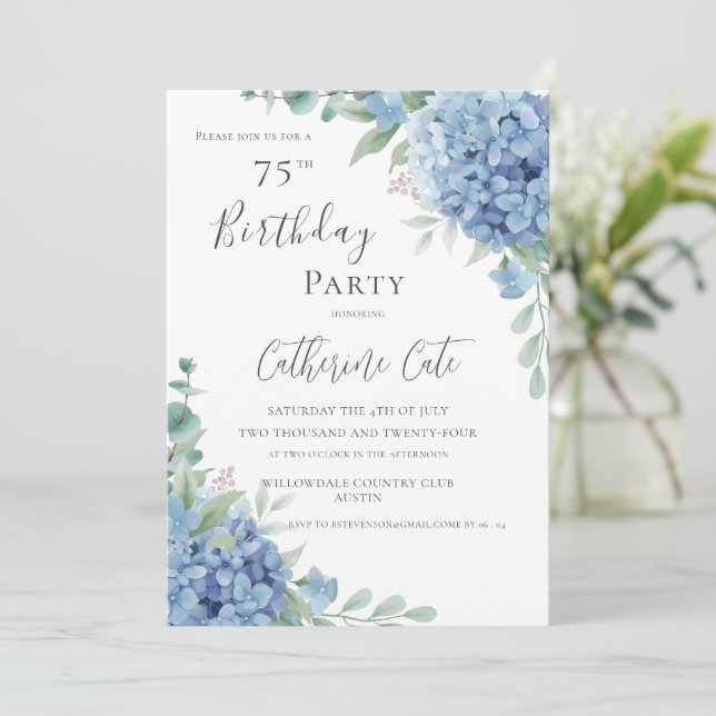 Convites Blue Hydrangea Floral Elegant 75th Birthday (Em pé/Frente)