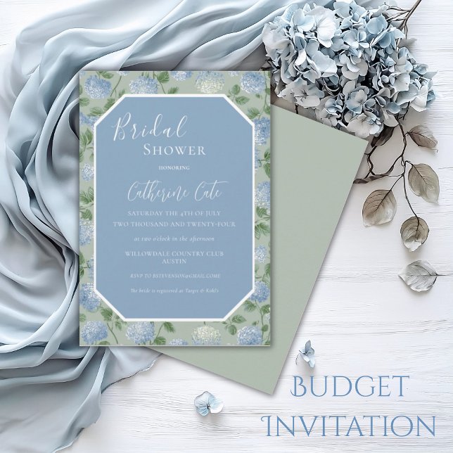 Convites Blue Hydrangea Floral Green Bridal Shower (Criador carregado)