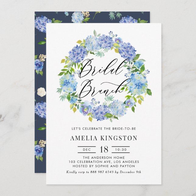 Convites Blue Hydrangea Flowers Wreath Bridal Brunch (Frente/Verso)