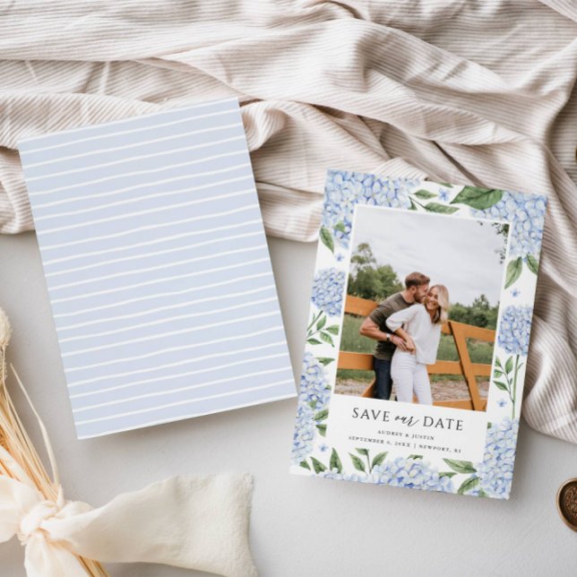 Convites Blue Hydrangea Foto com quadro Salvar data (Criador carregado)