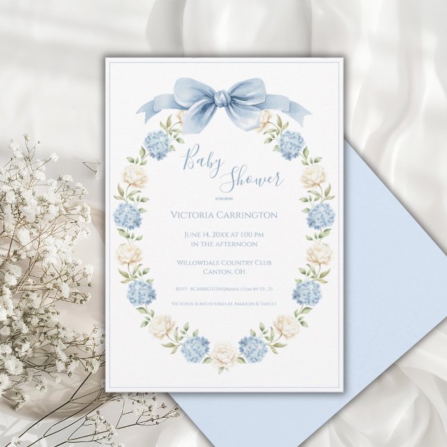Convites Blue Hydrangea Frame Elegant Bow Baby Shower  (Criador carregado)