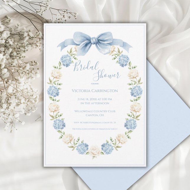 Convites Blue Hydrangea Frame Elegant Bow Bridal Shower  (Criador carregado)