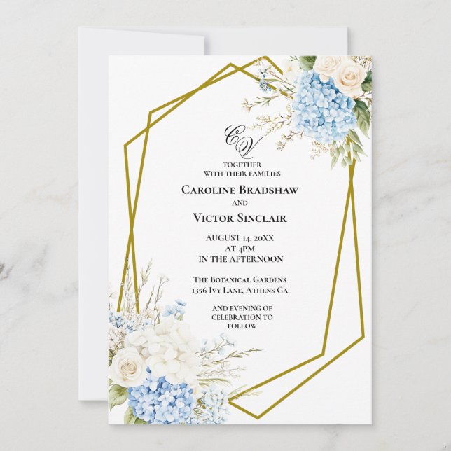 Convites Blue Hydrangea Geometric Wedding Invitation (Frente)