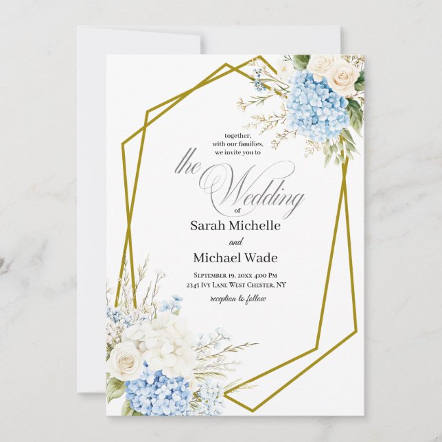 Convites Blue Hydrangea Geometric Wedding Invitation (Frente)