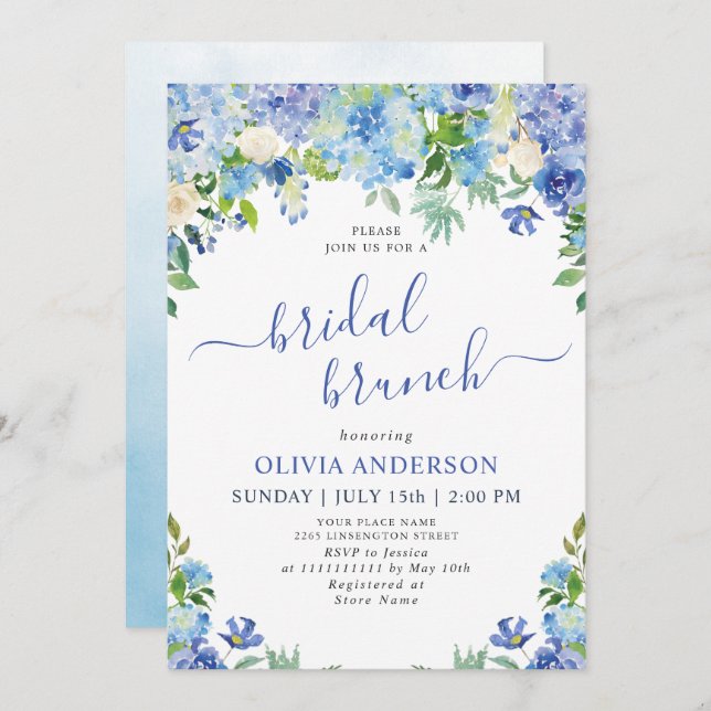 Convites Blue Hydrangea Greenery Watercolor Bridal Brunch (Frente/Verso)