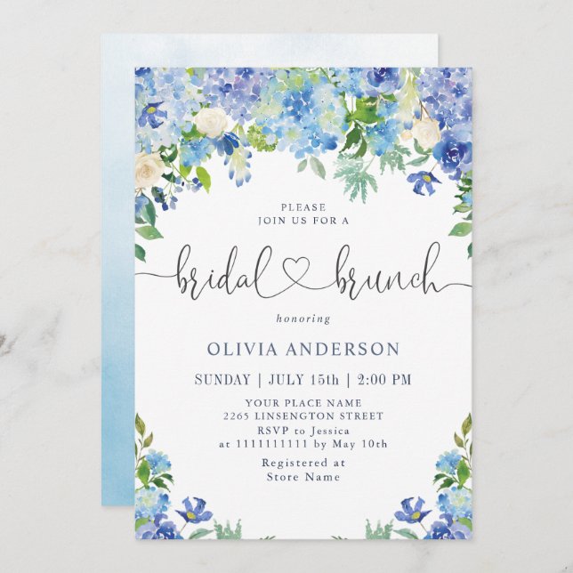 Convites Blue Hydrangea Greenery Watercolor Bridal Brunch (Frente/Verso)