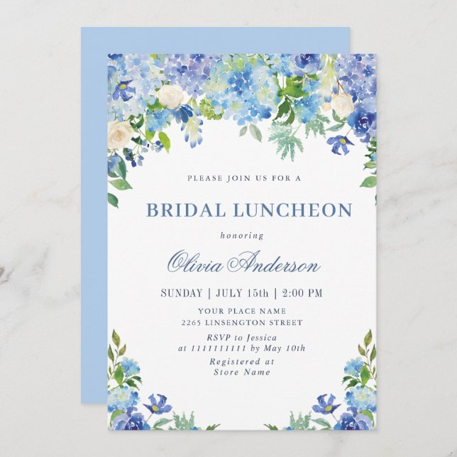 Convites Blue Hydrangea Greenery Watercolor Bridal Luncheon (Frente/Verso)